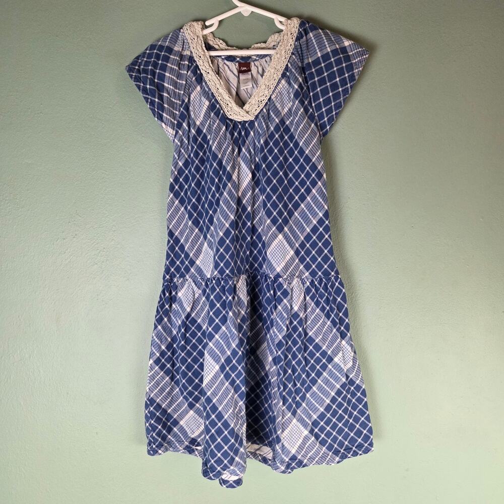 Tea Collection Girls 12 Crochet Lace Blue Plaid Short Sleeve Dress Cotton